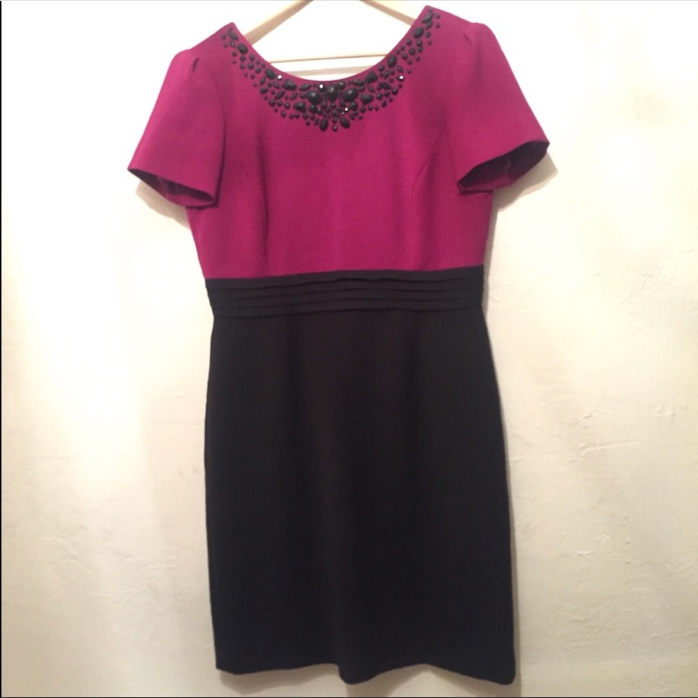 Tahari Size 8 petite. Beaded neckline sheath dress